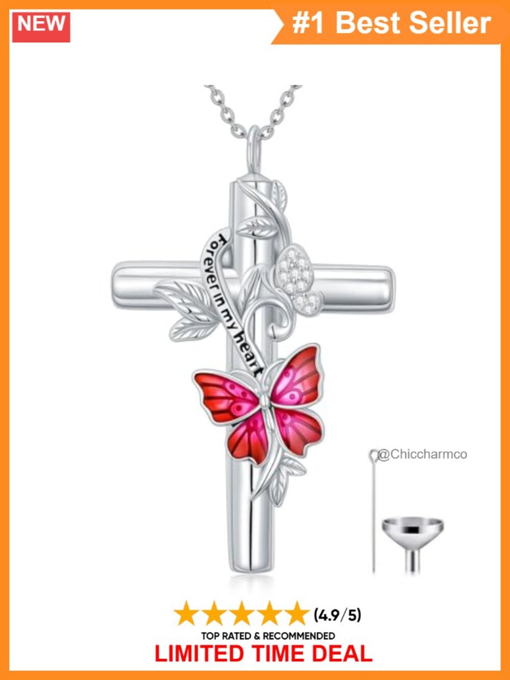 Sterling Silver Butterfly Cross Urn Necklace Moissanite Ashes Keepsake